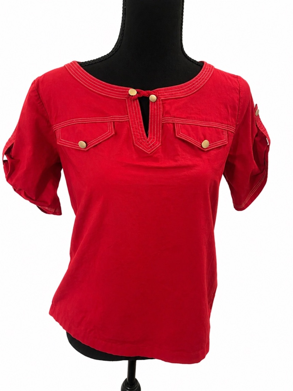 Talbots Red Short-Sleeve Knit Top with Chest Flap Pockets